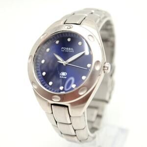 Fossil Blue Mens Silver Tone Blue Dial Watch AM-3319 Stainless Steel New Battery